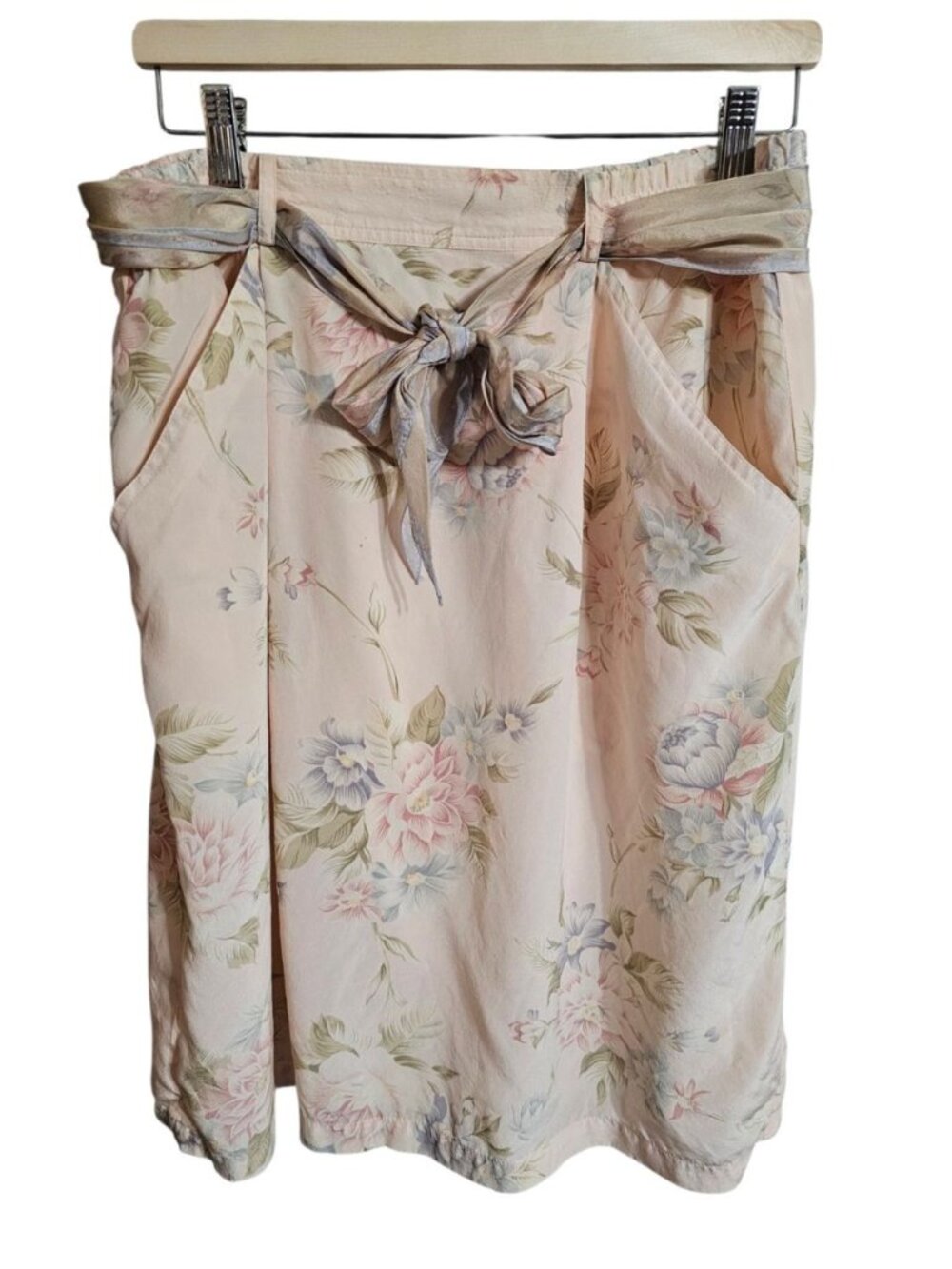 Liz Claiborne Womens 12 Vintage Silk Skirt Pink Floral Midi Pull On Belted Rare - Picture 2 of 7